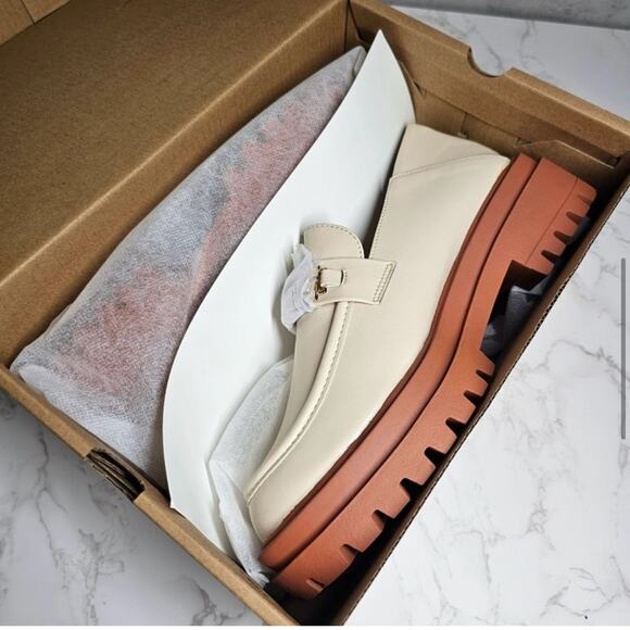 TRENDING PLATFORM LOAFERS FAUX LEATHER White/Tan CHUNKY SOLE NEUTRAL 8.5 - Picture 5 of 13